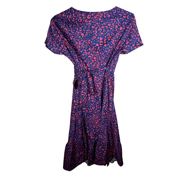 Greathe Women Navy Pink Leopard Print Wrap Dress Short Sleeve Ruffle Hem Size 4 - Picture 2 of 7